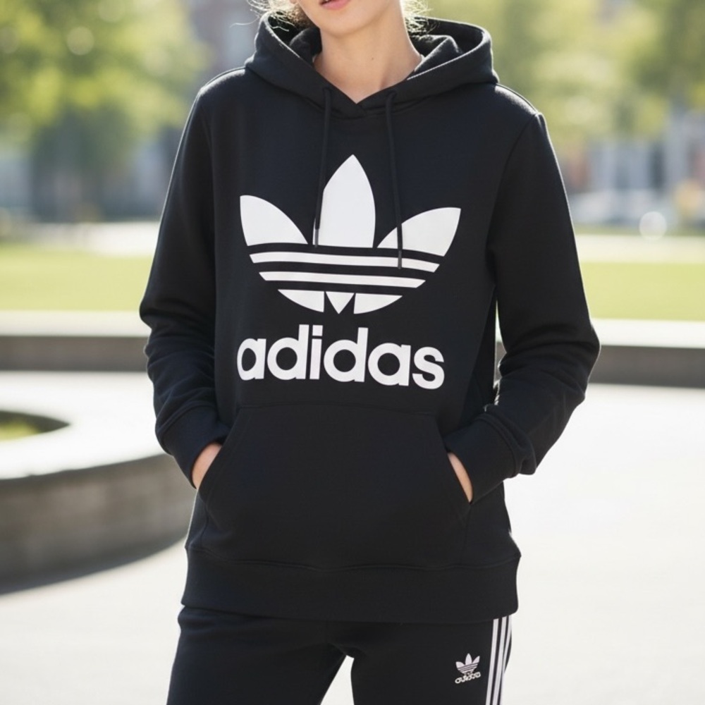 (NWT) Adidas Women’s 100% Cotton Trefoil Print Graphic Hoodie In Black, Large